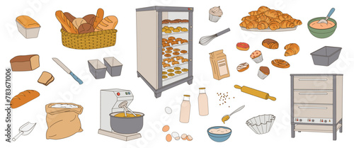 set elements about baking - bread, flour, electric bread oven, eggs, milk, croissant, donuts, baked goods, dough mixer, bowls