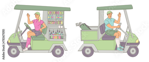 golf buggy car and beverage golf cart with male and female caddy driver