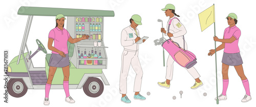 golf club staff part 2 female African American caddie, beverage cart, caddy girls with flag, golf bag, clubs, golf clash notebook