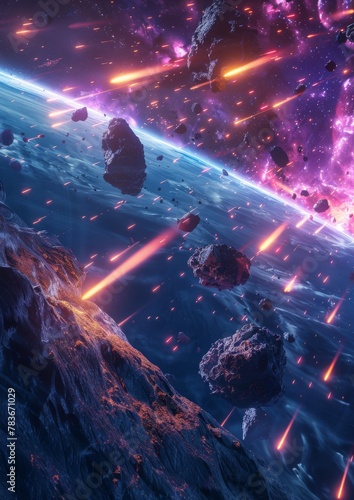 Meteorites flying towards Earth, fiery line behind the meteorite.