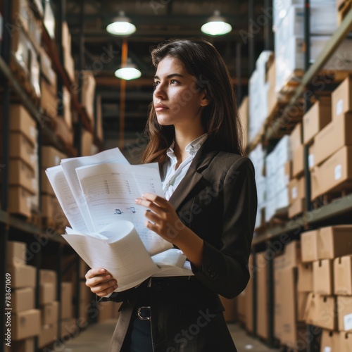 Pretty young woman standing in warehouse, holding papers in hands, cardboard boxes on shelves. photo