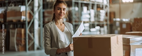 Pretty young woman standing in warehouse, holding papers in hands, cardboard boxes on shelves. photo