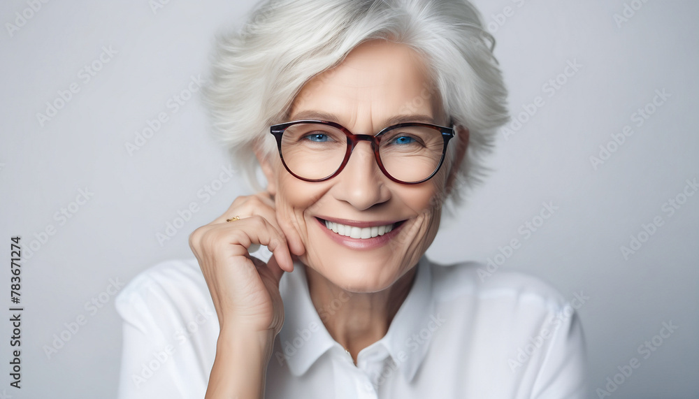 Close up portrait of beautiful smiling elderly woman. Senior female model, grey hair and white teeth Close up portrait of beautiful smiling elderly woman. Senior female model, grey hair and white teeth
