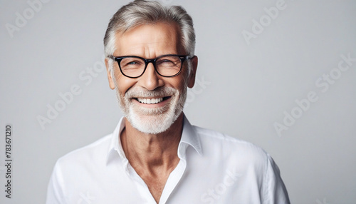 Close up portrait of beautiful smiling elderly man. Senior model male, grey hair and white teeth photo