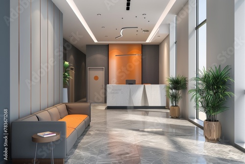 Modern reception area with a sleek design featuring an orange accent, comfortable seating, and plants, creating an inviting atmosphere in a corporate office during daylight hours