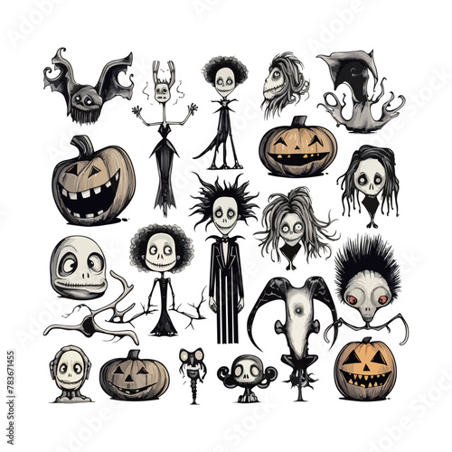 These illustrations feature a collection of gothic fantasy characters and motifs, including skeletal figures, exaggerated expressions, and Halloween-themed elements, all rendered in a whimsical, darkl photo