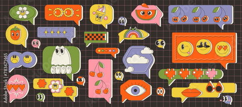 Set of talk bubble text, chat box, in retro y2k style with drawing elements. Stickers emoji and other things. Nostalgic old cartoon message window