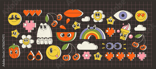 Cool Groovy Stickers, Y2k Patches. Pop Art Illustration Vector Design, cute cartoon set of stickers