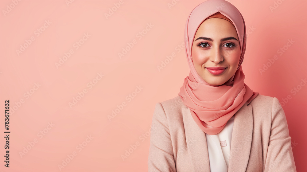 Fototapeta premium Successful Eastern Woman at Office, Professional Look, Respecting Traditions. Equality, Diversity, Empowerment. International Company, Modern Society, Globalisation. Business, Work, Career, Education
