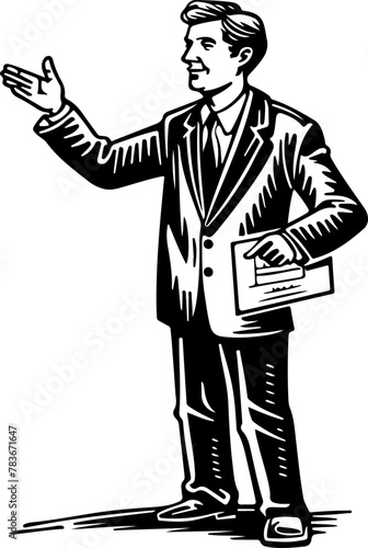 A real estate agent with documents, gesturing welcomingly, ideal for concepts of home buying, selling, or renting services.