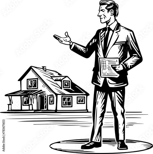 A visionary real estate developer gesturing towards a new home, suitable for construction, property development, and housing project themes.