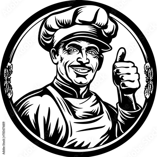 A cheerful chef giving a thumbs up with a beer in hand, great for gastropubs or eateries with a casual dining experience.
