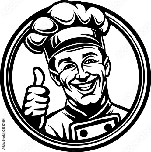 A cheerful chef giving a thumbs up with a beer in hand, great for gastropubs or eateries with a casual dining experience.