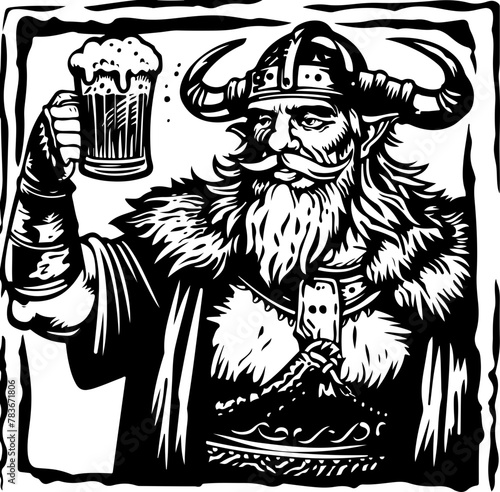 A Viking warrior celebrates with a beer, great for Nordic-themed bars or taverns