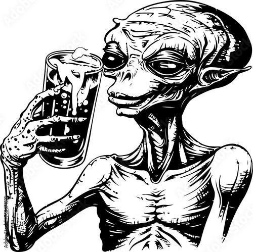 An alien creature enjoying a pint of beer, perfect for sci-fi bars and space-themed venues