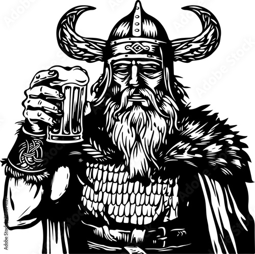 A Viking warrior celebrates with a beer, great for Nordic-themed bars or taverns