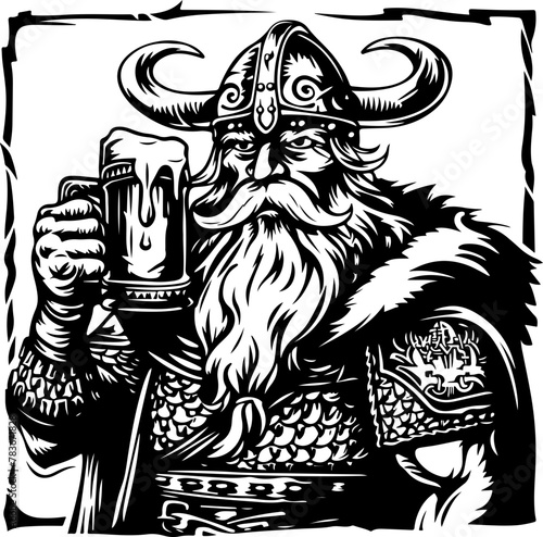 A Viking warrior celebrates with a beer, great for Nordic-themed bars or taverns