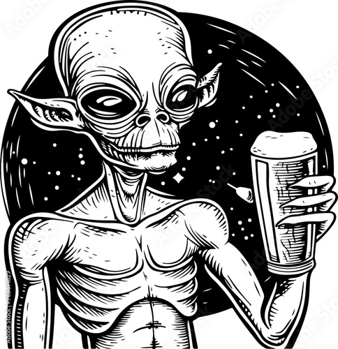 An alien creature enjoying a pint of beer, perfect for sci-fi bars and space-themed venues