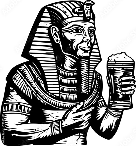 An Egyptian pharaoh raising a glass of beer, ideal for creating a unique bar logo or for ancient Egypt-themed establishments