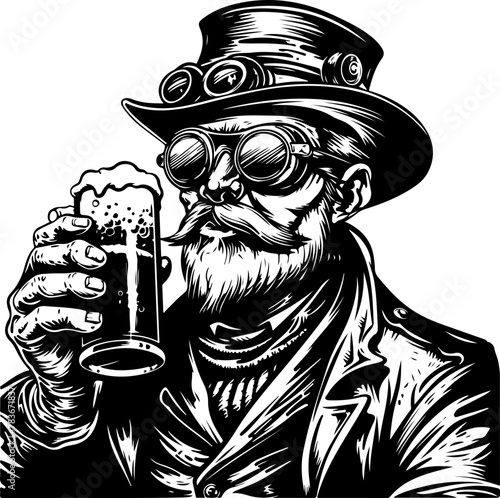 A steampunk gentleman savoring a beer, suited for steampunk-themed bars or unique pubs