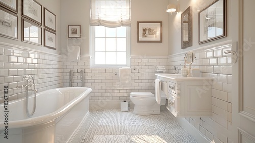 Serene and Sophisticated D Model of a White Bathroom with Decorative Picture Frames Elevating the Space