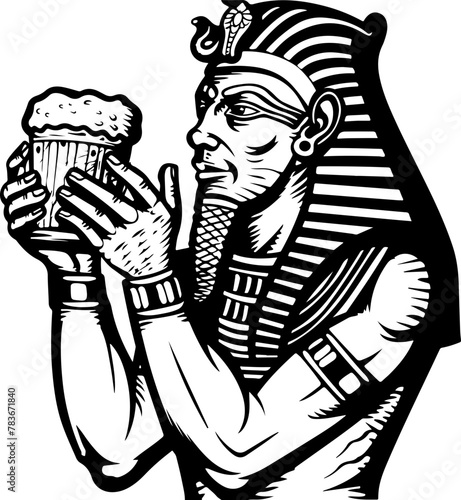 An Egyptian pharaoh raising a glass of beer, ideal for creating a unique bar logo or for ancient Egypt-themed establishments