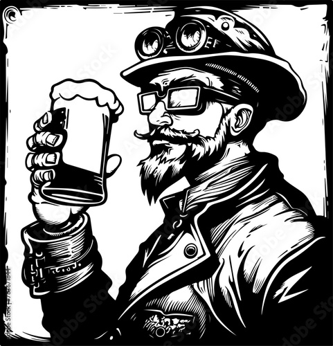 A steampunk gentleman savoring a beer, suited for steampunk-themed bars or unique pubs