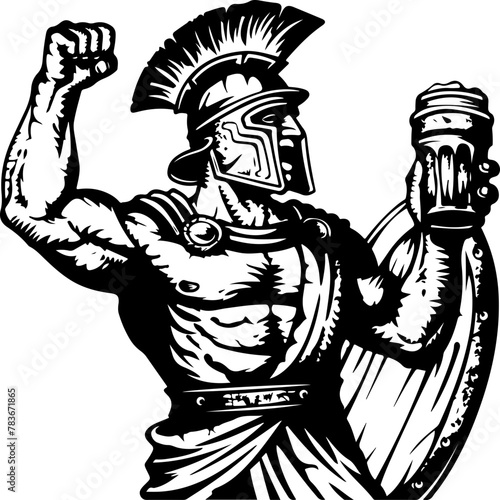 A bold black and white illustration of a Roman legionary triumphantly drinking beer, perfect for bar logos and historical celebration themes