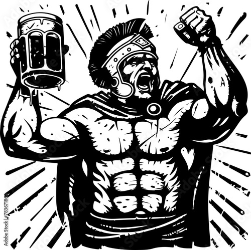 A bold black and white illustration of a Roman legionary triumphantly drinking beer, perfect for bar logos and historical celebration themes