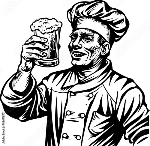 Cheerful illustration of a chef raising a frothy beer, suitable for culinary, celebration, and hospitality themes