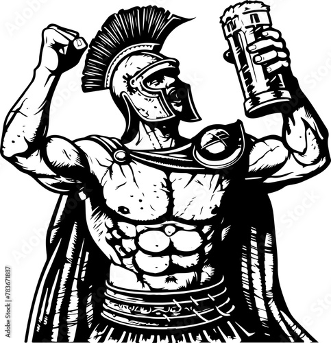 A bold black and white illustration of a Roman legionary triumphantly drinking beer, perfect for bar logos and historical celebration themes