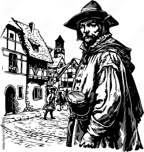 Medieval Watchman Overlooking Village