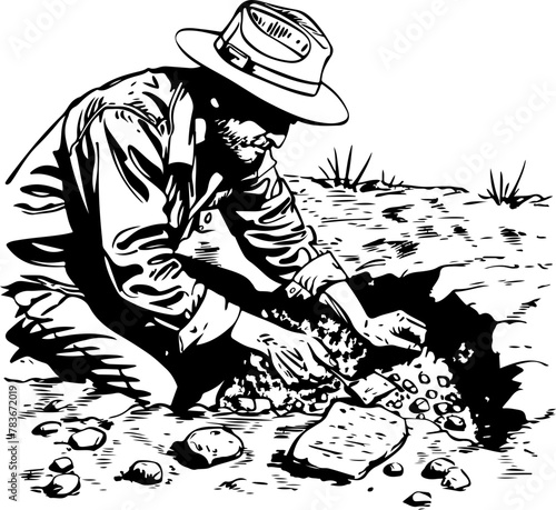 a gold prospector pans in a river, suitable for themes of history, exploration, and mining