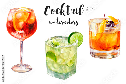 Watercolor illustration of cocktails drinks close up. Design template for packaging, menu, postcards.  PNG © cosmicanna