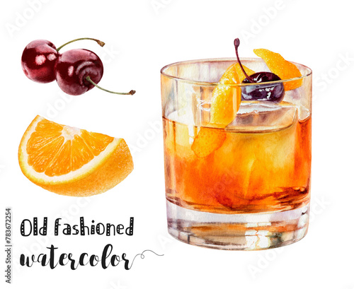 Watercolor illustration of old fashioned cocktail drink close up. Design template for packaging, menu, postcards.  PNG © cosmicanna