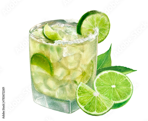 Watercolor illustration of Margarita cocktail glass with limes close up. Design template for packaging, menu, postcards. PNG