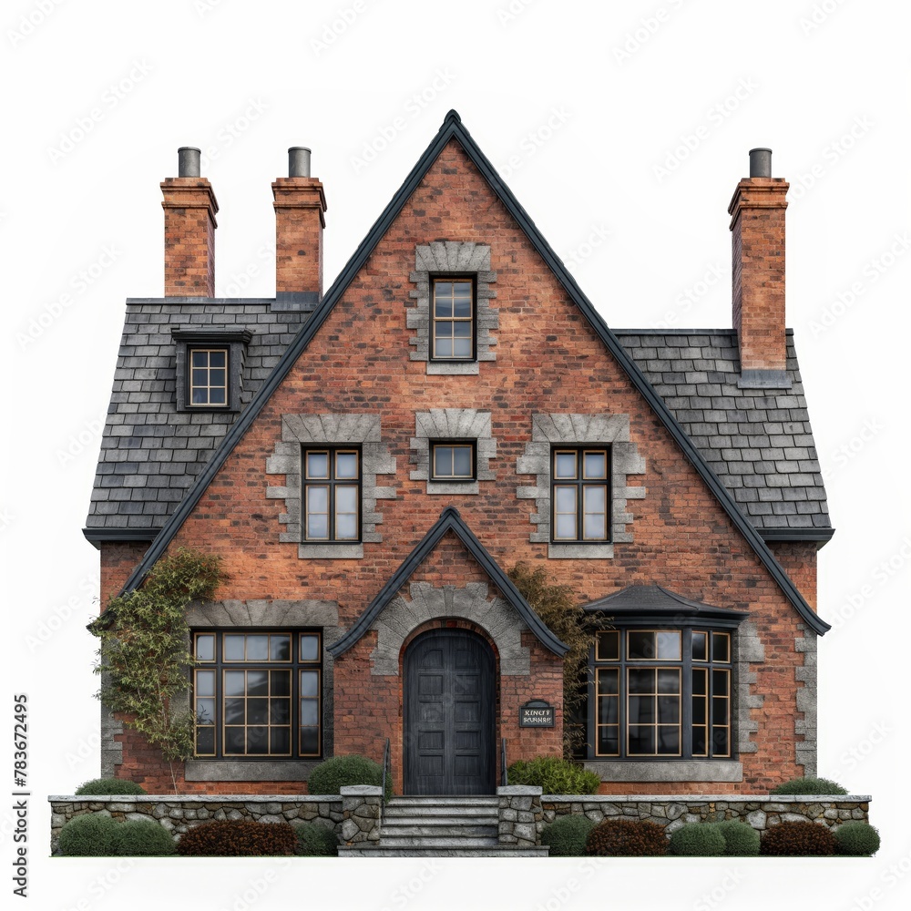 A classic brick residential house with a steep gable roof, chimneys, and arched entryway, isolated on a white background.
