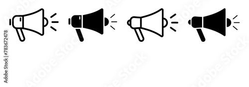 Loudspeaker icons set. Megaphone vector signs in black and white color, isolated on transparent background