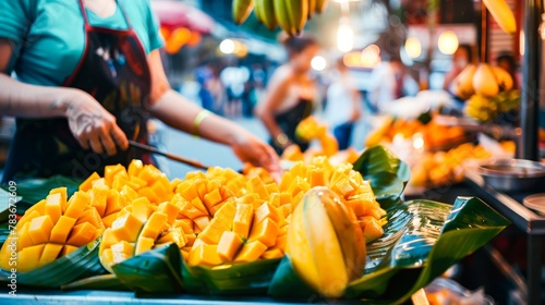 A street food scene in Thailand, with a focus on a bustling stall serving fresh mango sticky rice, capturing the vibrancy of Thai markets © Sasint