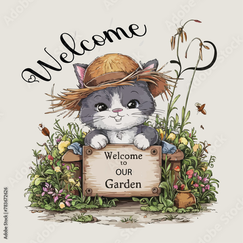 Adorable cat straw hat garden is Ideal cards and digital customized designs vector art