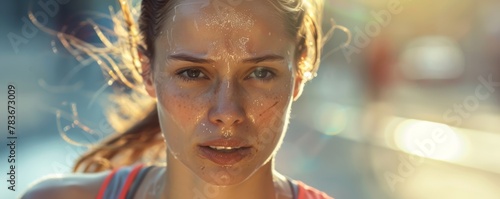 Athletic young woman running a marathon, exhausted and sweaty.