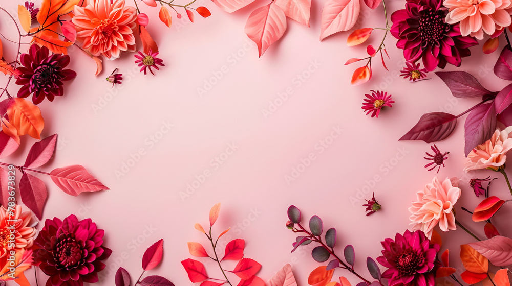  A Serene Top-View Tapestry of Blossoming Beauty ,Colorful flowers arranged on a pink background  ,composition wonderful colorful blooms Resolution and high quality beautiful photo