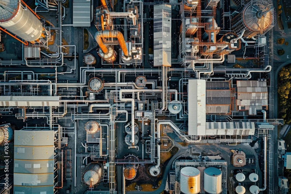 Aerial View of Complex Industrial Plant with Tanks and Piping