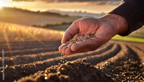 A farmer's hand sows seeds in a plowed field. Concept of new technology in agriculture photo