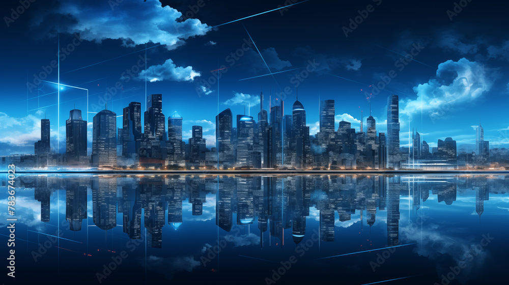 Futuristic Cityscape with Blue Tones and Light Rays Reflection