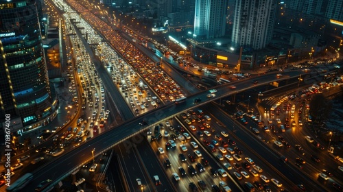 Bustling City Traffic at Twilight: Elevated Highways and Urban Lights