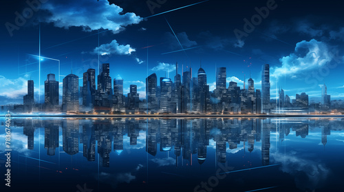 Futuristic Cityscape with Blue Tones and Light Rays Reflection