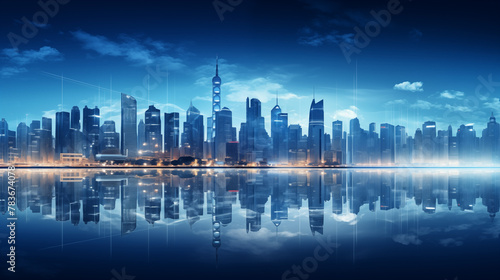 Nighttime Cityscape with Vibrant Blue Tones and Reflections