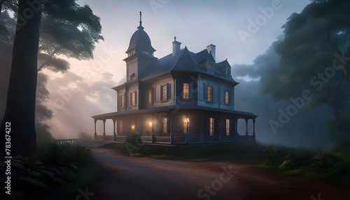 colonial style house, romantic early morning landscape with fog,