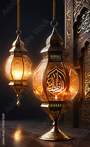 Realistic calligraphy on Islamic background, Muslim holidays celebration, Islamic holiday greeting card on background of Muslim mosques and minarets, background for smartphone,